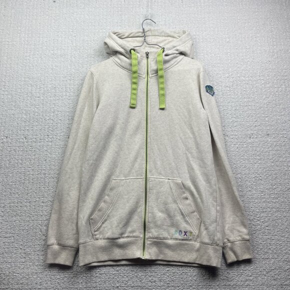Y2K ROXY Full zip Hoodie Fleece Off-White / Green Skater Surf Beach Women Sz M - Picture 1 of 16